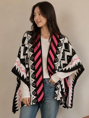 Aztec-Pattern Knit Poncho Shrug in Black, White & Pink